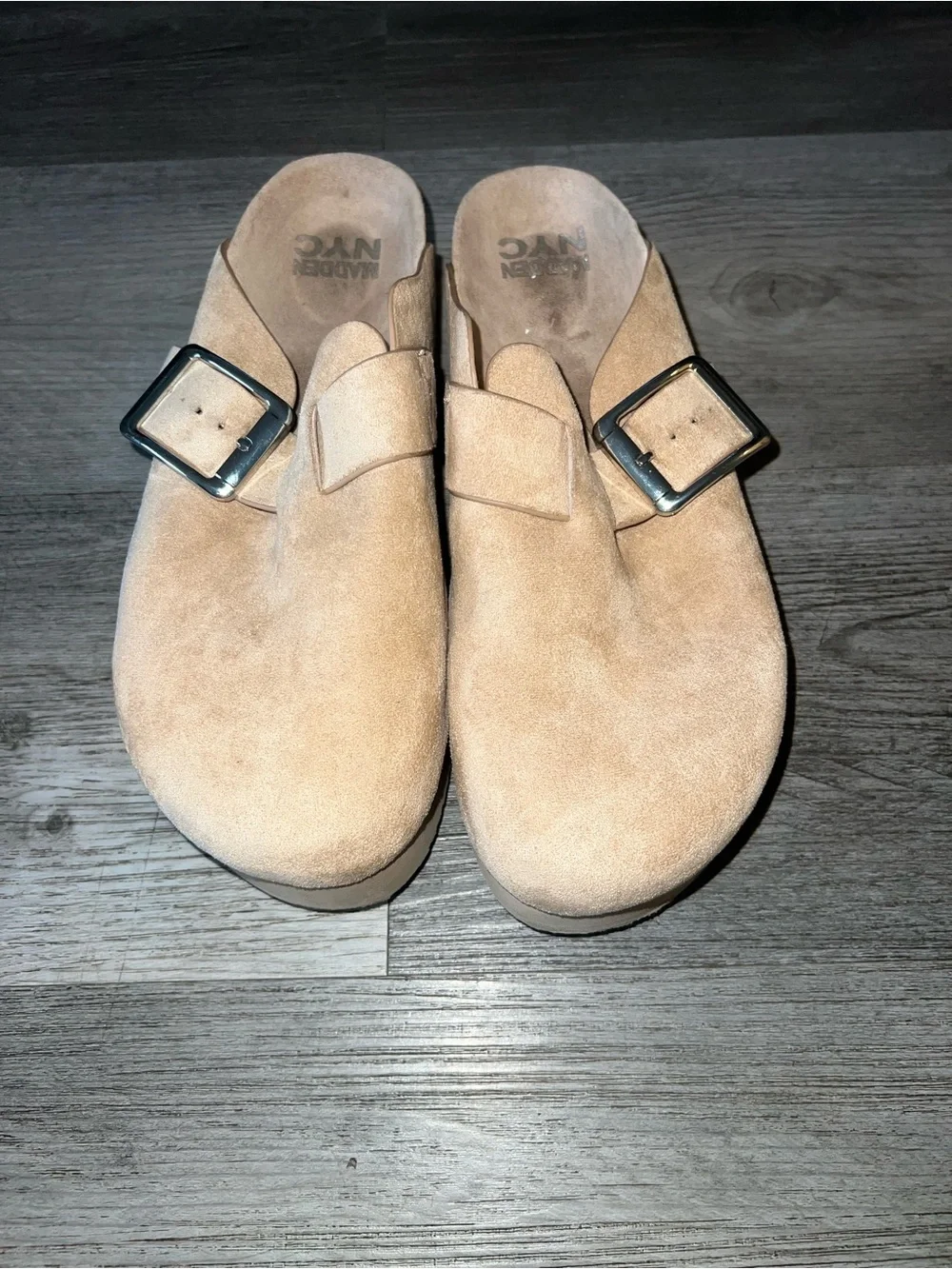 Madden NYC Tan Suede Slide with Silver Buckle
